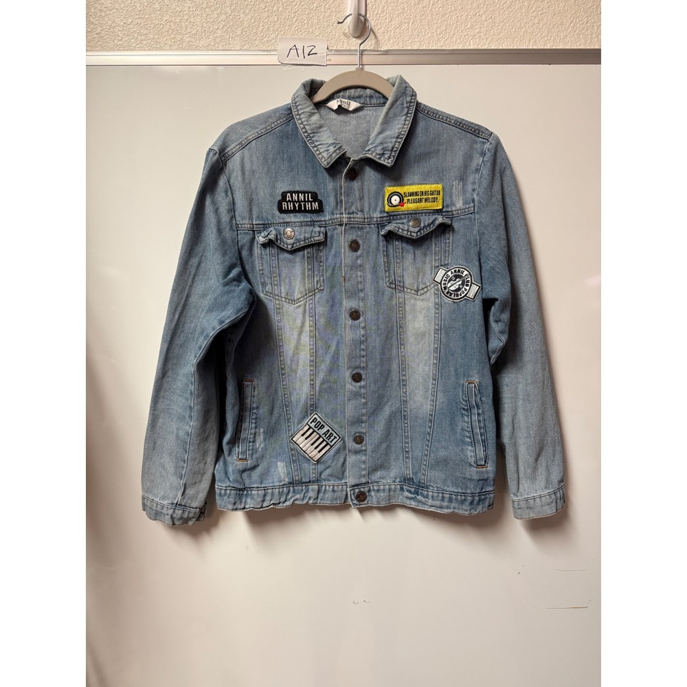 Annil Rhythm Light Wash Denim Jacket Music Patches Pop Art Blue